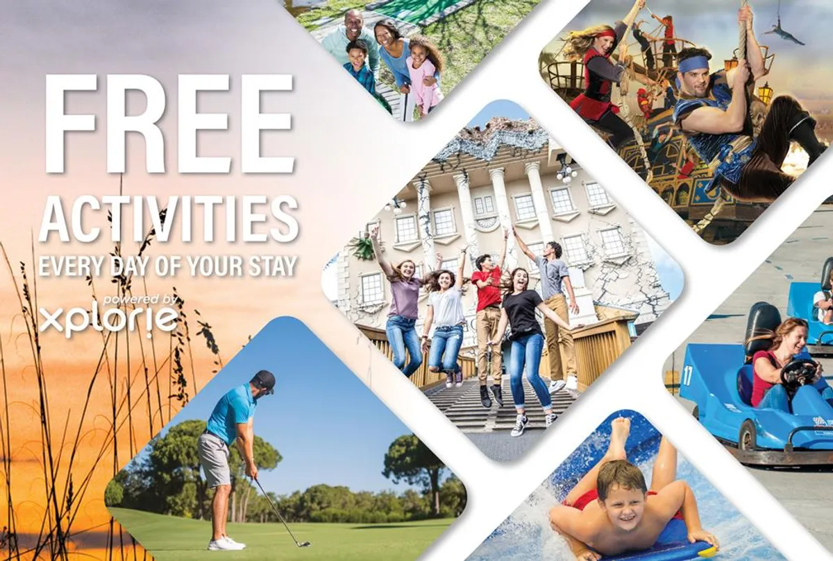 A vibrant exterior scene showing families participating in a variety of activities such as golfing, water sports, amusement park rides, and enjoying time outdoors. The focus is on cheerful family moments and energetic fun, capturing the spirit of exploration and adventure available nearby.